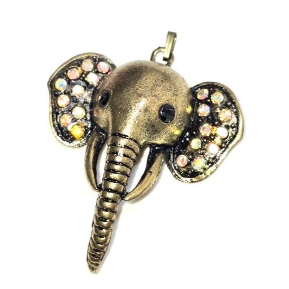PENDANT Necklace Elephant Golden Tone & Rhinestones Glam Statement Animal 2x3"